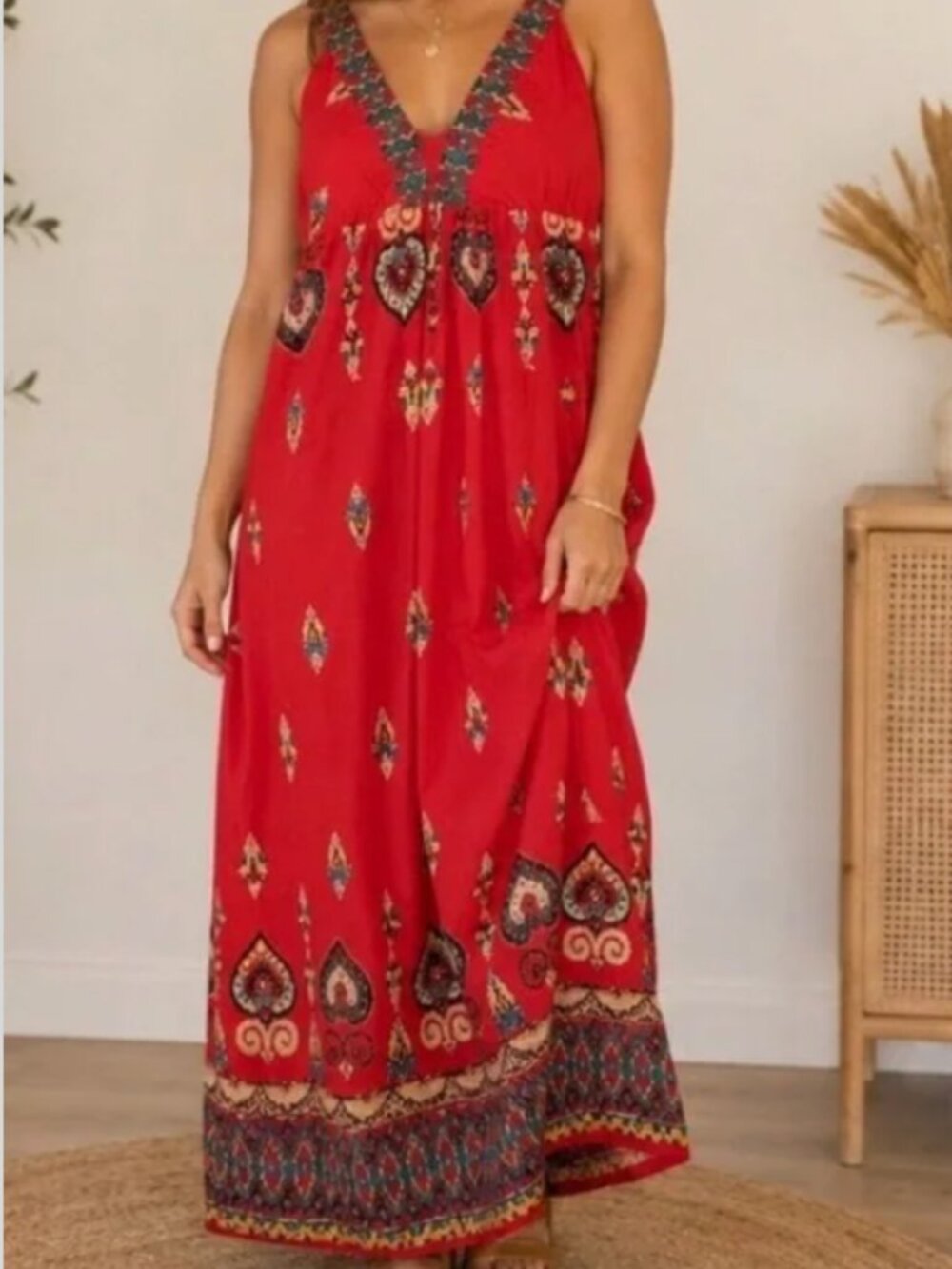 Angie Maxi Dress XL Red Boho Print 100% Cotton Sleeveless Flowy Smock